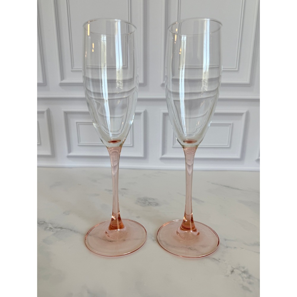 VTG PAIR (2) Arcoroc France Pink Stem 8 3/4" Tall Champagne Flute Glasses
